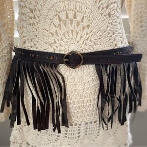 Vintage BOHO amber rhinestone studded Leather Fringe Waist Wrap statement belt